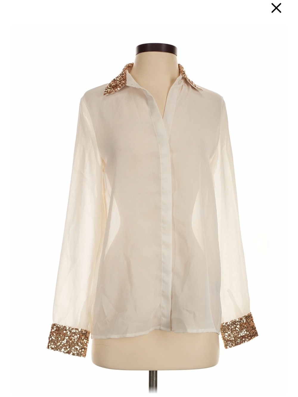 Ali & Kris Sheer Cream Button-Down Blouse with Gold Sequin Collar & Cuffs